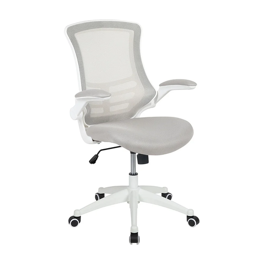 Offex Mid-Back Mesh Swivel Ergonomic Task Office Chair with White Frame and Flip-Up Arms - Light Gray