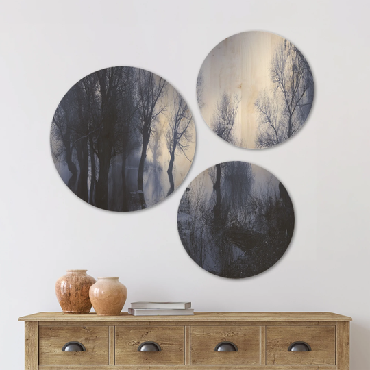 Designart 'Creepy Landscape in Sepia Tones' Landscape Wood Wall Art Set of 3 Circles - Multi-Color