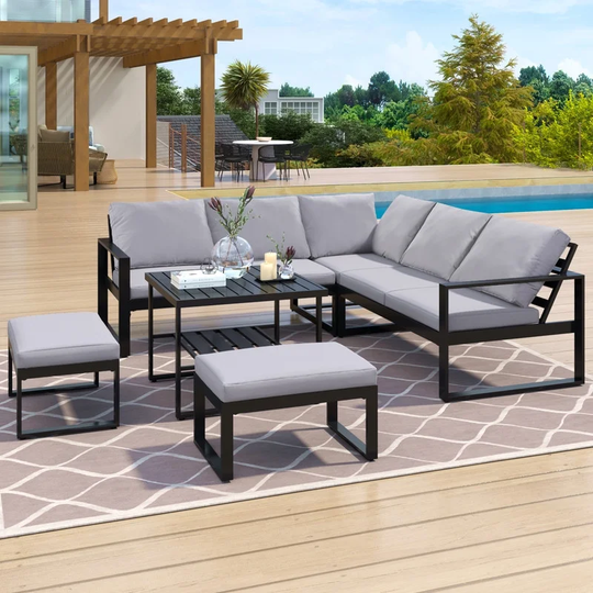 Industrial Style 5-Piece Outdoor Sofa Combination Set with 2 Love Sofa,1 Single Sofa,1 Table and 2 Bench