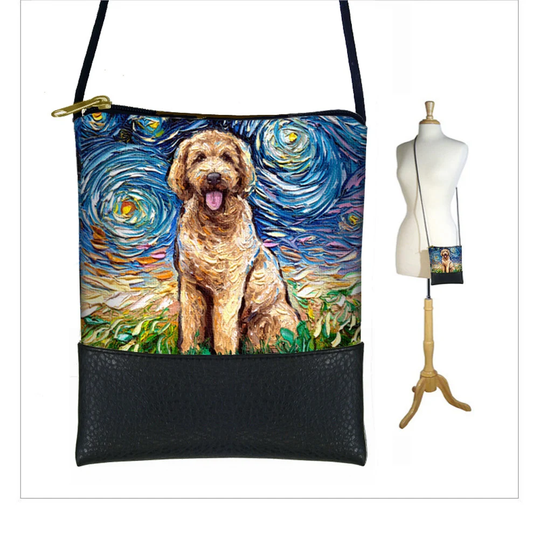 Sg Golden Doodle Gift, Small Crossbody Bag, Starry Night Cell Phone Purse, Mini Shoulder Bag, Celestial Moon Dog Art Blue Tan Black Rts