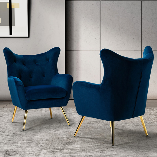 Lara Tufted Velvet Accent Chair with Wingback, Arms, and Metal Gold Legs for Living Room or Bedroom, Set of 2