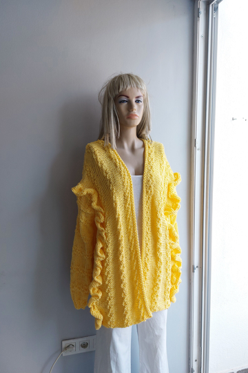 Colors Cardigan Fall, Solid Color Version, Hand Knit Cardi, Loose Sweater, Acrylic Soft Vest, Ruffled, Long Sleeves Gift For Her