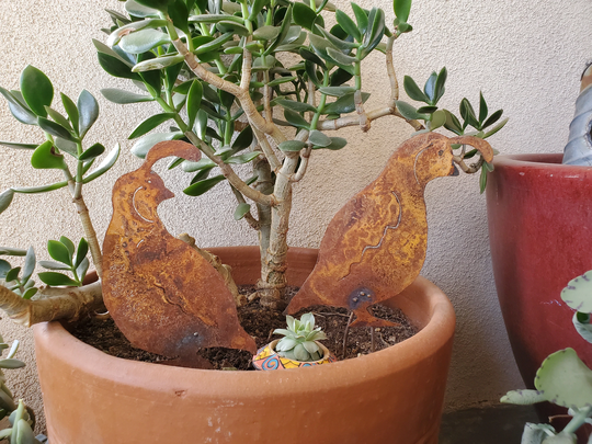 Metal Quail Set Of Two On Stakes/Garden Decor Planter Decorations Southwest Desert Birds Metal Art Family Handmade