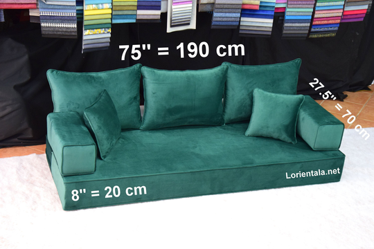 Velvet 8'' Thick Green Floor Seating Sofa Turkish Arabic Living Room, Oriental Home Decor Couches, Cushions Pillows, Yoga Meditation Bed Seat