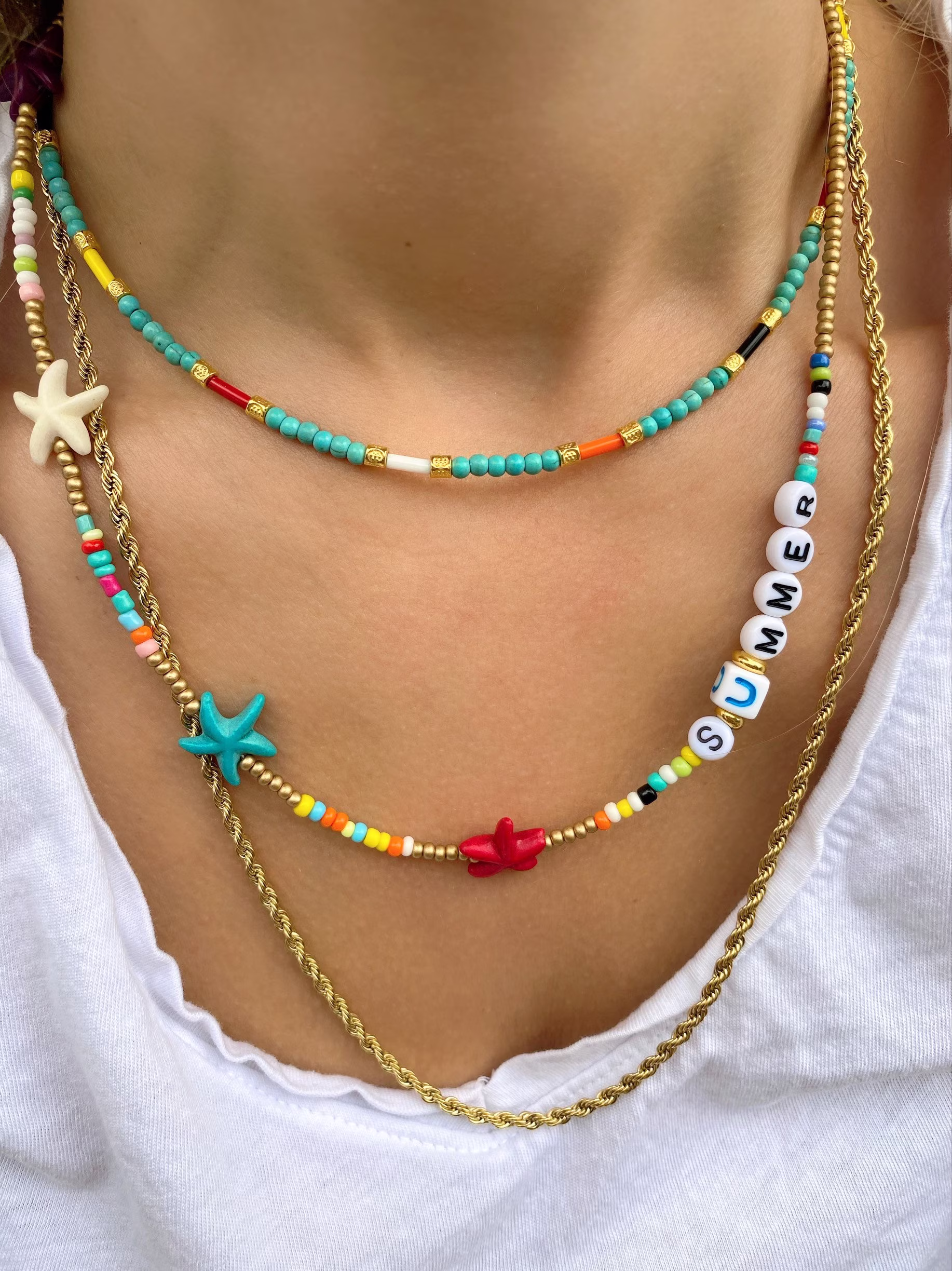 Summer Beaded Necklaces, Colorful Chain Layers, Beach Adjustable Gift For Her, Made in Greece