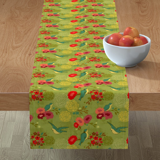 Apple Green Table Runner - Blue Birds & Blush Blooms By Nancy Bradham Chinoiserie Bird Cotton Sateen Spoonflower