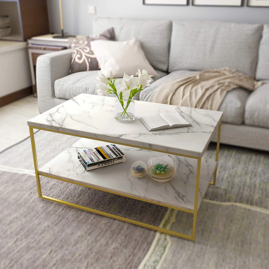Coffee Table, Center Table for Living Room, Cocktail Table with Storage (2-Tier, Rectangle, White Marble Print)