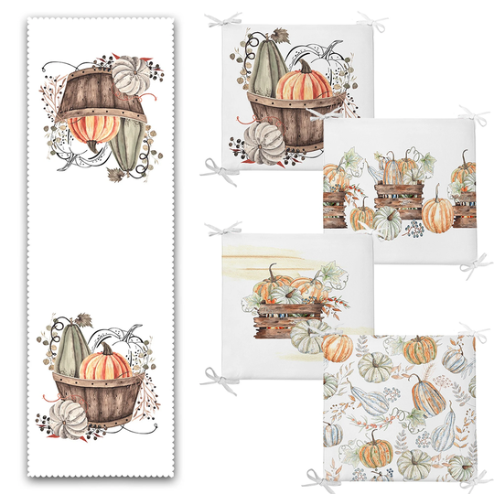 Set Of 4 Fall Trend Chair Pads & 1 Table Runner|Floral Orange Green Pumpkin Cushion Tabletop Set|Autumn Seat Pad Tablecloth