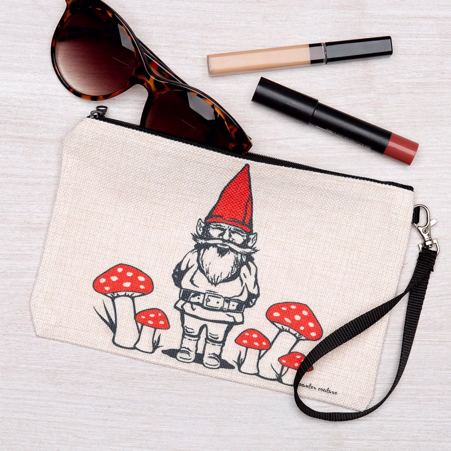 Irregular Garden Gnome Zipper Pouch - Linen Makeup Pencil Bag Cosmetic Coin Purse Zip
