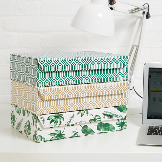 Recycled Tropical & Geometric Print A4 Storage Box - Covered in Beautiful Hand Made Cotton Paper