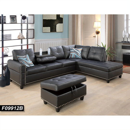 Right-facing Black Faux Leather Sectional Sofa with Drop Down Table(9912B)