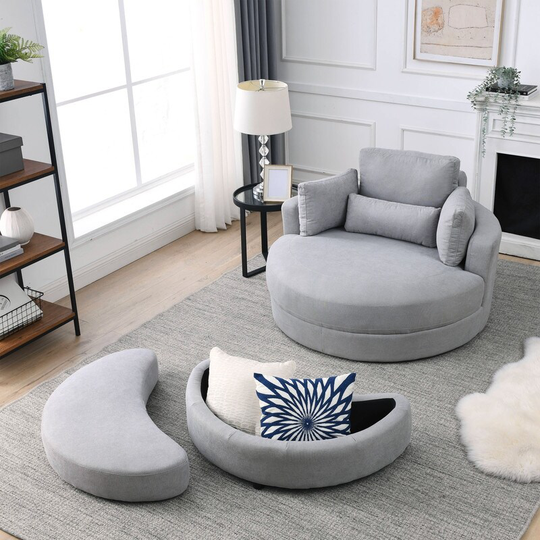 Swivel Accent Barrel Sofa Chair w/ Storage Ottoman and Pillows, Fabric