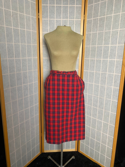 Vintage 1950's Red & Navy Blue Plaid Pencil Skirt With Belt, Size Xs