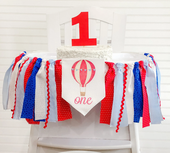 Hot Air Balloon 1st Birthday High Chair Banner, Fabric Red, White, Blue, Can Be Used As Wall Hanging Garland