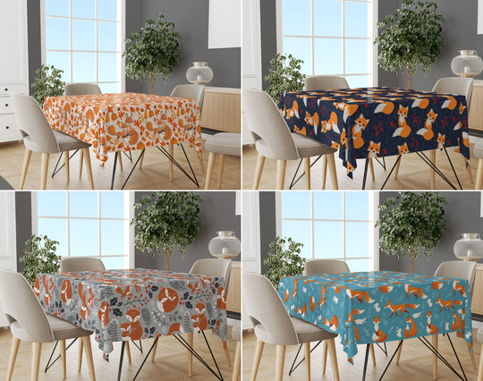 Pretty Fox Tablecloth, Pattern Table Cover, Orange Deco, Funny Top, Halloween Tableware, Blue Gray Print Sheet