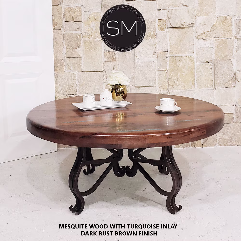 Custom Tables - Solid Mesquite Wood Round Coffee Table 48" = Vintage Iron Base .mexports By Susana Molina