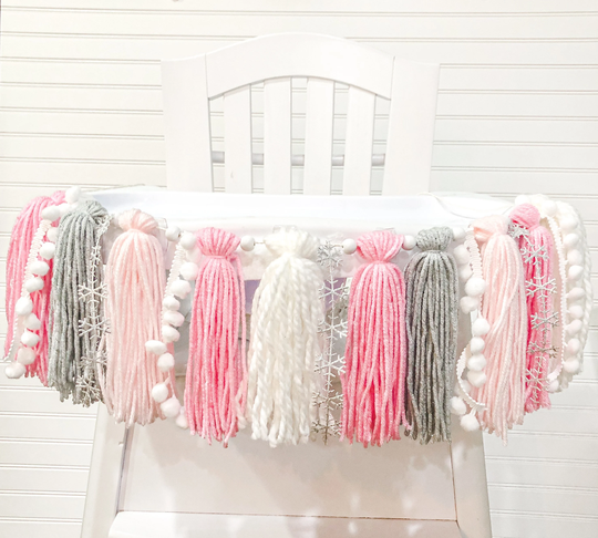 Snowflake Birthday High Chair Yarn Tassel Banner, Cake Smash Backdrop First Birthday