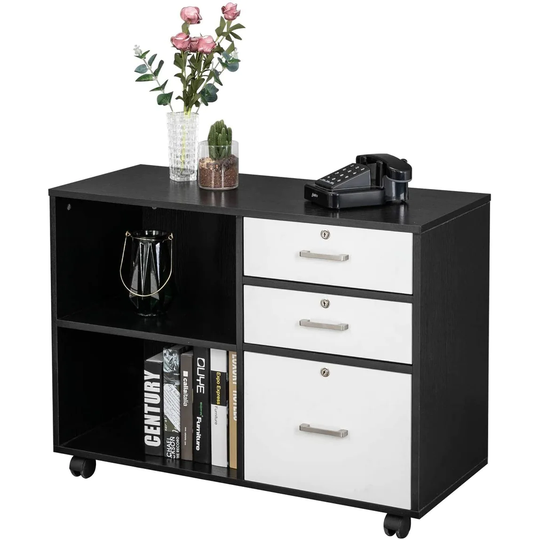 Global Pronex Wood File Cabinet with 3 Drawer and 2 Open Shelves Office Storage Cabinet with Wheel Printer Stand