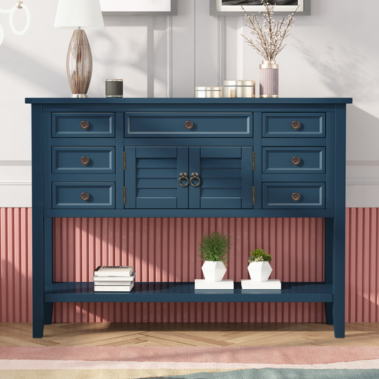 45'' Modern Sideboard Cabinet Pine Side End Table Sofa Table Console Table with 7 Drawer&1 Cabinet &1 Shelf, Blue