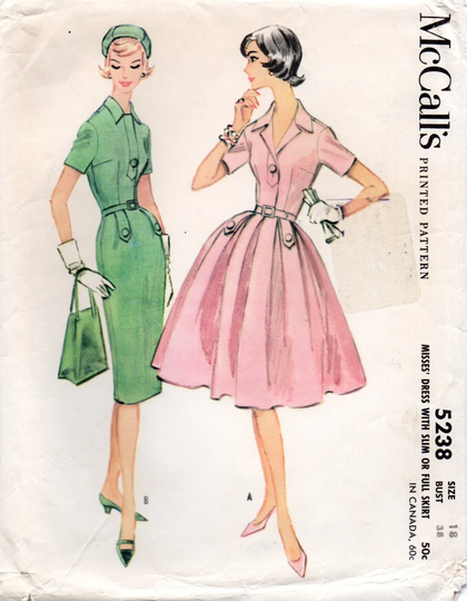 Bust 38 1950's Mccall's 5238 Button Tab Detail Dress With Slim & Full Skirts Pattern