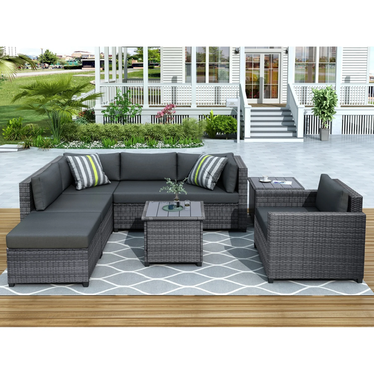 8 Piece Rattan Sectional Seating Group with Cushions, Patio Furniture Sets, Outdoor Wicker Sectional Sofa with Ottoman & Tables