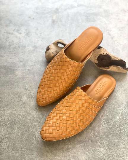 Belle Handwoven Goatskin Leather Mules, Handmade Hand Woven Mules