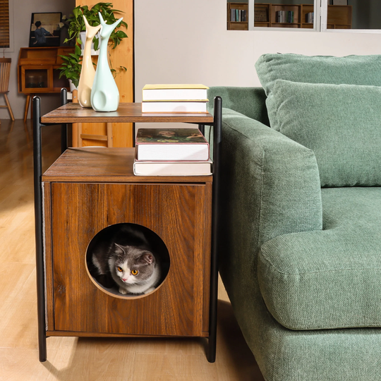 2-tiers Storage Shelf End Table Wooden Brown Side Table with Soft Bed Cute Cat Cave Sofa Table for Living Room,Bedroom
