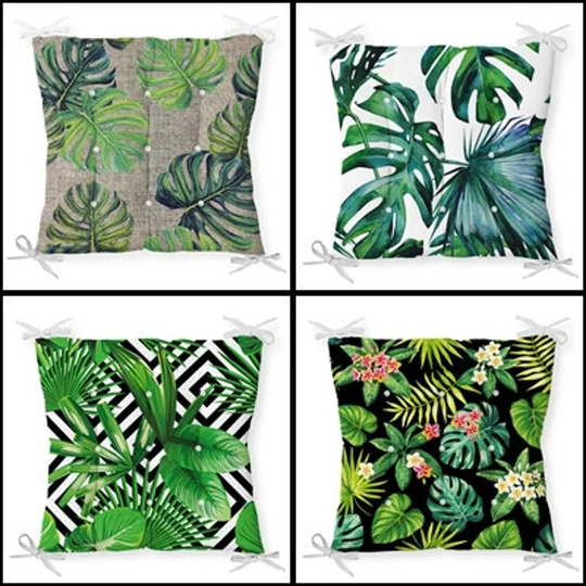 Green Leaves Chair Cushion|Chair Pads With Ties|Square Seat Covers|Handmade Pillows For Chairs|Fluffy Cushion|Modern Covers|Gift