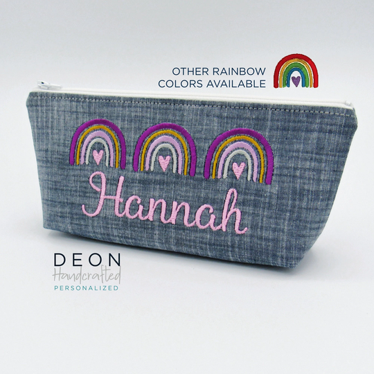 Rainbow Pencil Pouch, Personalized Case, Kids Zipper Art Supply Bag, Toiletry Waterproof Lining, Back To School