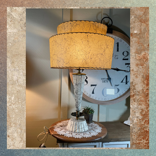 Vintage 50S, Atomic, Mcm, Table Lamp, Double Tiered Fiberglass Shade, Plaster-Ceramic, Metal, 34" K6/26