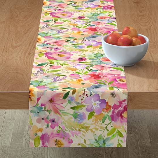 Watercolor Floral Table Runner - Flower Party By Sugarpinedesign Bright Flowers Colorful Cotton Sateen Spoonflower