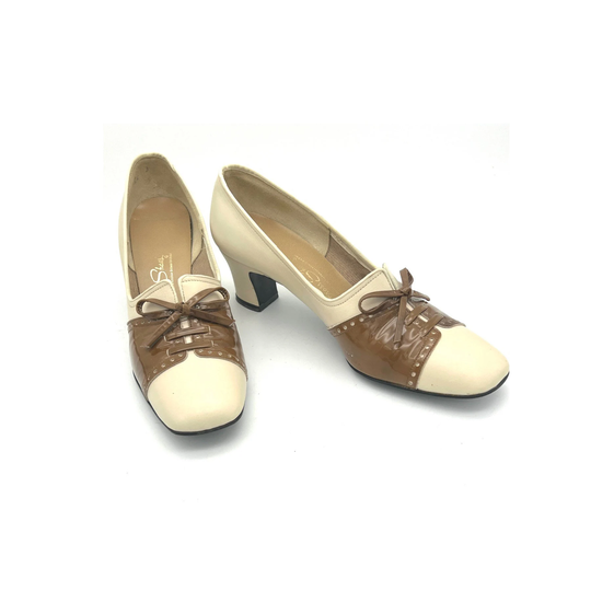 Vintage 1950S Size 6 Saddle Oxford Style Pumps, 40S Brown & White Red Cross Shoes, Vintage 1940S Saddle Style Chunky Heels