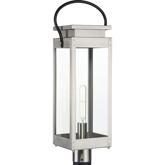 Gables Collection 1-Light Stainless Steel Clear Glass Traditional Outdoor Post Lantern Light - 9.75 in x 7 in x 26 in