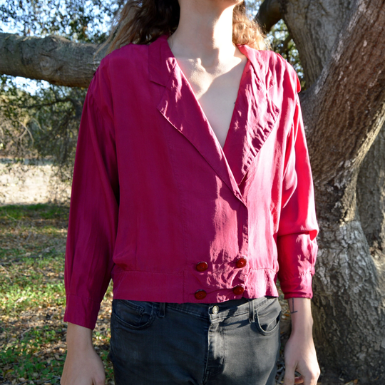 Magenta Silk Top Vintage Deep Red Pink Blazer 1980S 1990S Burgundy Pullover Jacket With Elastic Waist Size Medium Large