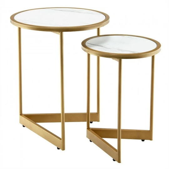 Round Nesting Table Set of 2 with Marble-like Tabletop-White - 16" x 16" x 20" (L x W x H)