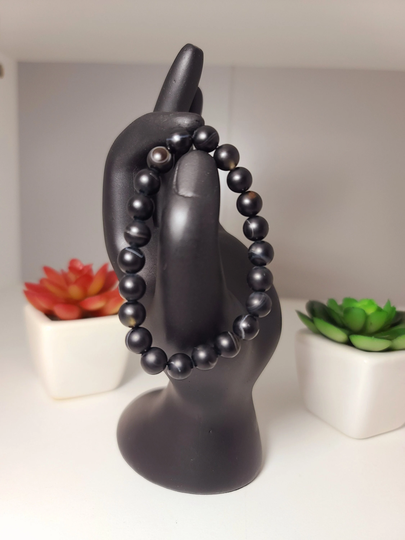 Matte Black Striped Agate Beaded Bracelet