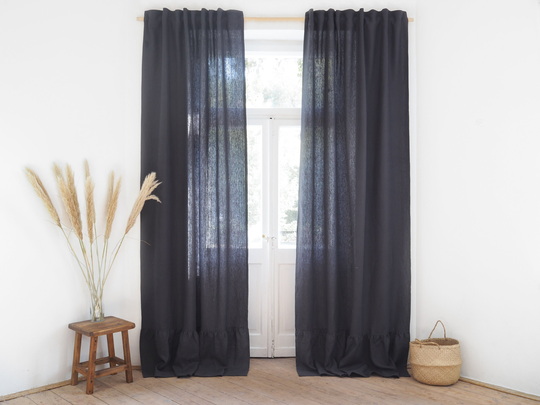 Charcoal Heavy Linen | 285 G/M2 Curtain Panel With Tape. Pleating Tape Linen Curtain. Pencil Pleat/1 Pcs