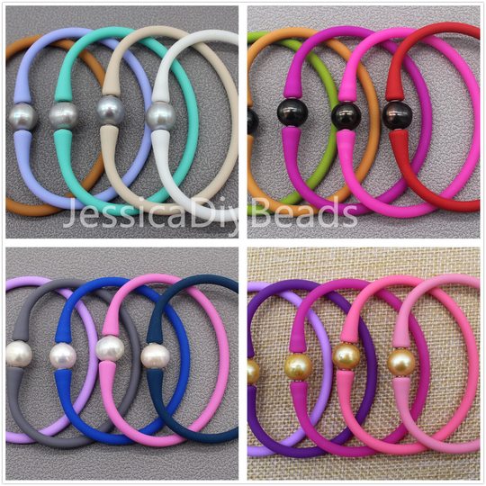Wholesale Mixed Colors Rubber Silicone Wristband, Silicone Bracelet With Freshwater Pearls, Stretch Bracelet, Gift For WomenBar-23
