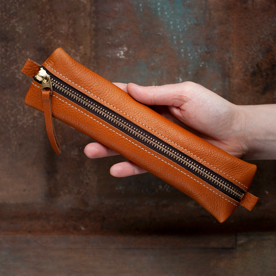Slim Leather Pencil Case, Small Brown Pen Pouch Sleek Brass Zipper Organizer Mother's Day Birthday Gift For Him Her Teacher