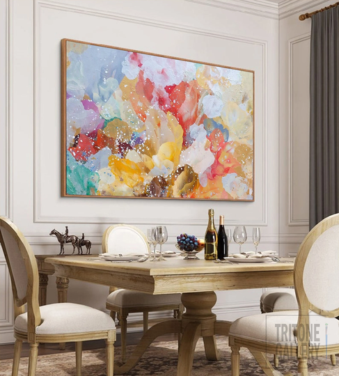 Abstract Colorful Canvas Painting, Tropical Beach Blossom Art, Large Contemporary Wall Acrylic Texture Painting For Living Room Decor