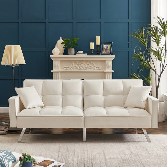 Velvet Sofa Couch Bed with Armrests and 2 Pillows for Living Room and Bedroom