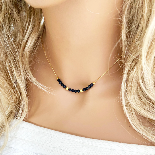 Blue Goldstone Beaded Necklace, Crystal Spiritual Support Necklace, Dainty Black Boho Delicate Jewelry, Cairo Night November Birthstone