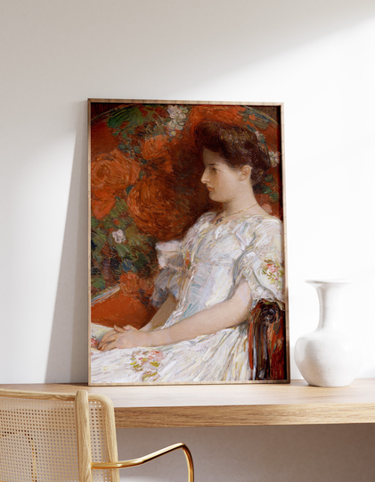 Childe Hassam - The Victorian Chair | 1906 | Vintage Poster, Sitting Woman Painting, White Dress Print, Portrait Wall Art