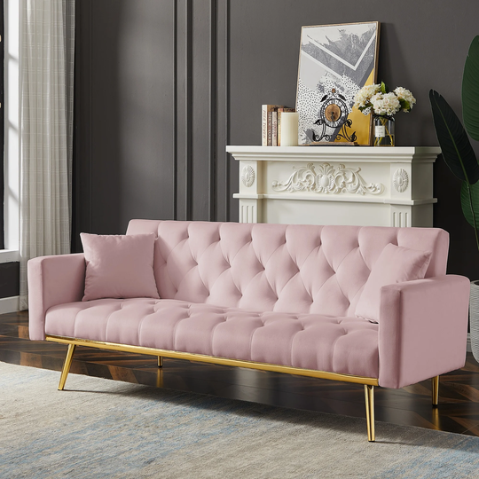 73" Convertible Folding Futon Sofa Bed, Velvet Upholstered Sleeper Sofa Living Room Loveseat with Metal Legs and Adjustable Back