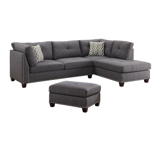 Linen Upholstery Sectional Sofa With Ottoman And Two Pillows, Light Charcoal