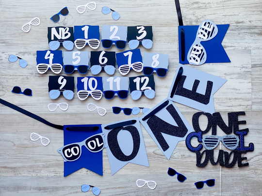 One Cool Dude Party Pack, High Chair Banner, Photo Clips, Cake Topper & Confetti