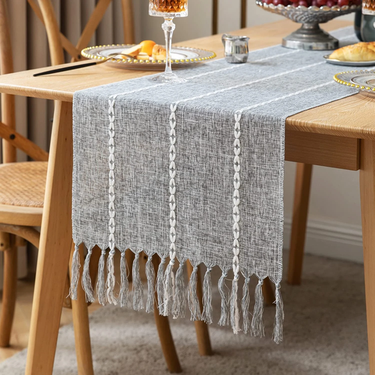 Gray Table Runner - Farmhouse Decor Modern Dark Handmade Boho Braided