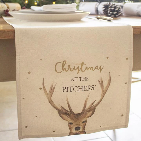 Personalised Christmas Table Runner, Hand Painted Illustration Decoration With Stag Art, Long Festive Runner Gold Writing