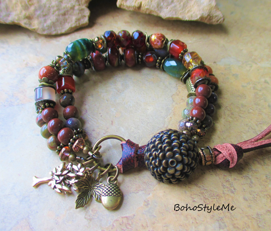 Colorful Fall Leaves, Boho Autumn Beaded Artisan Button Bracelet, Bohostyleme, Colors, Chunky Gemstone Style Me