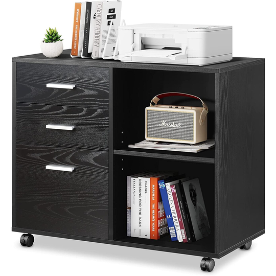 3-Drawer Wood File Cabinet, Mobile Lateral Filing Cabinet, Printer Stand with Open Storage Shelves for Home Office, Black